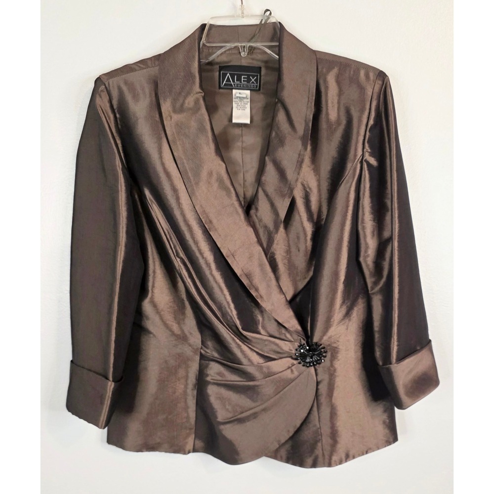 Alex Evenings Bronze Metallic Taffeta Evening Jacket Beaded Brooch Brown Large